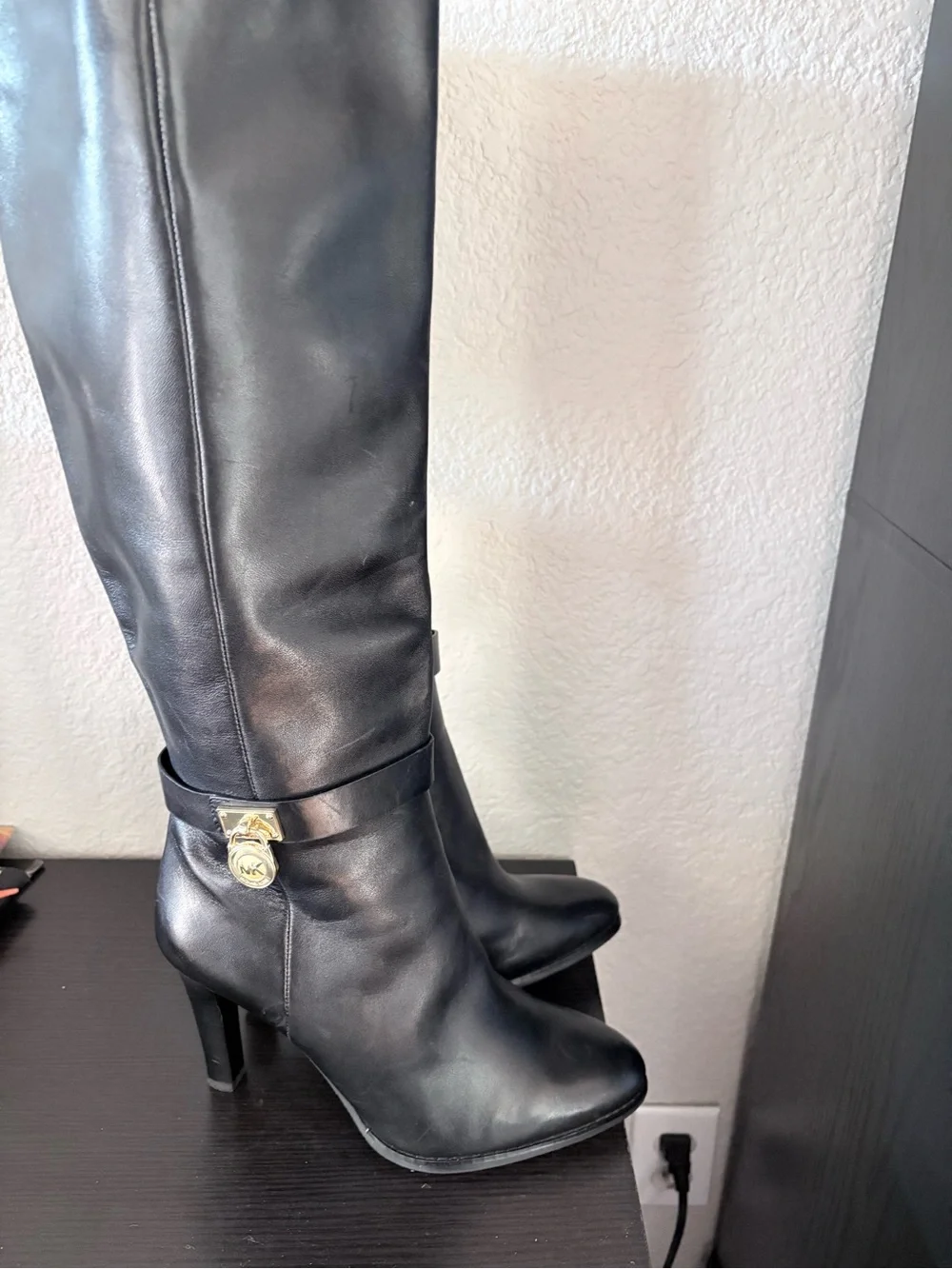 Michael Kors Black Leather Over-the-Knee Boots with Gold Charm